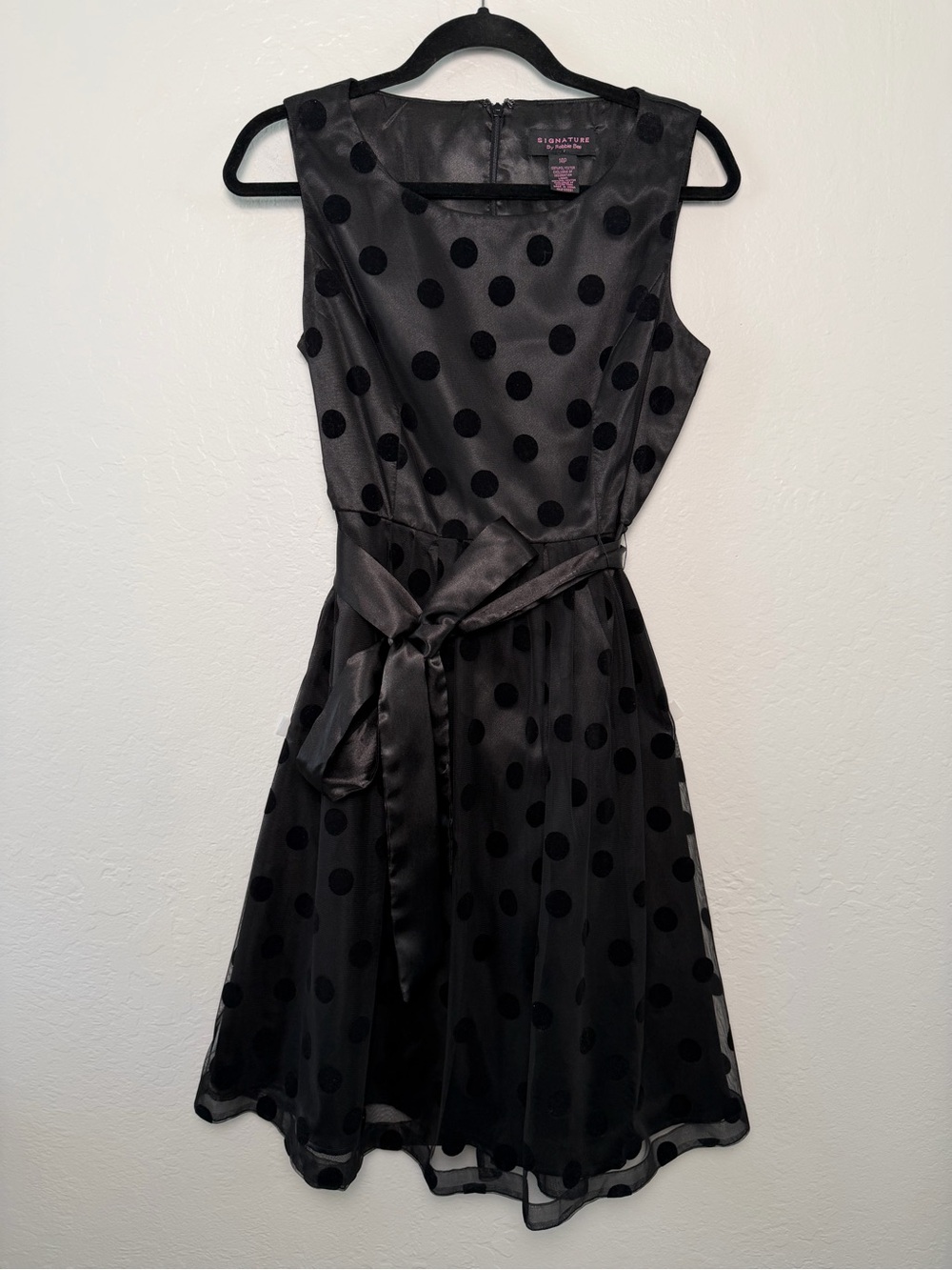 Signature by Robbie Bee Black Polka Dot Satin Tie-Waist Midi Dress LBD 14P